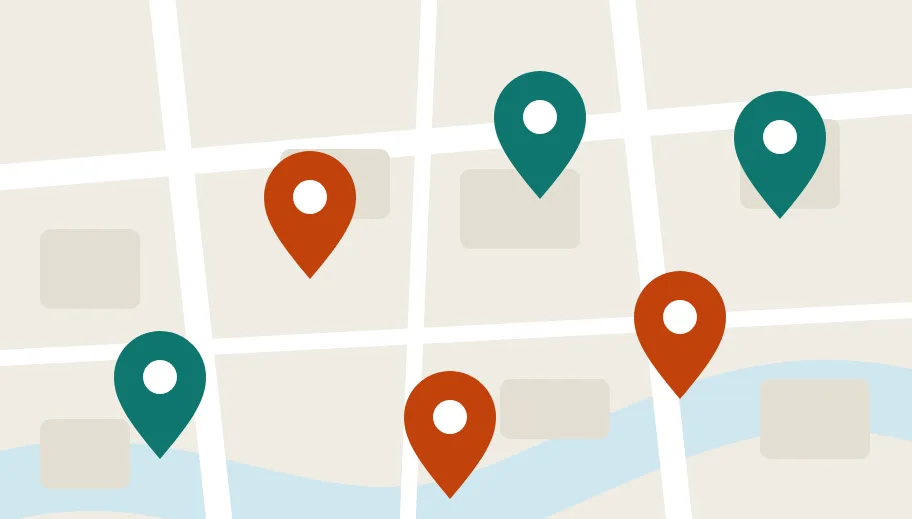 Carte d’un quartier : repères orange pour les besoins, verts pour les propositions d’aide
